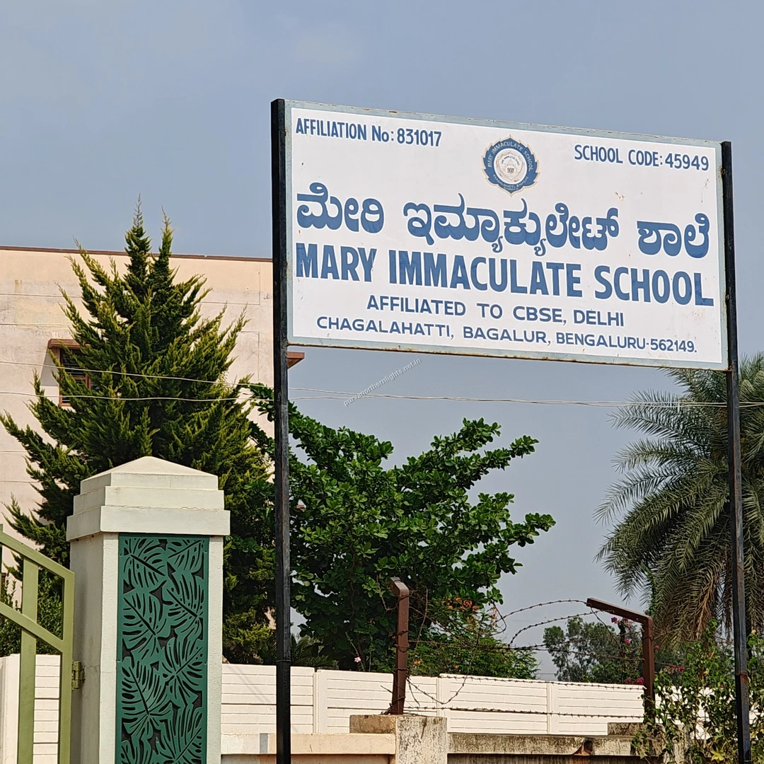 Mary Immaculate Board A clear daytime view of the Mary Immaculate School signpost displaying its CBSE affiliation details among the lush green trees.