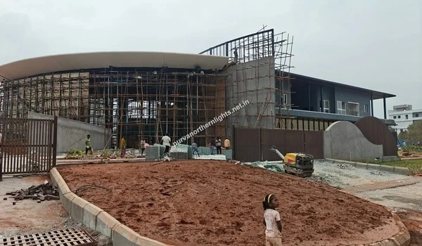 Clubhouse Exterior Work Exterior construction view of the Purva Northern Lights clubhouse showing scaffolding and ongoing site work