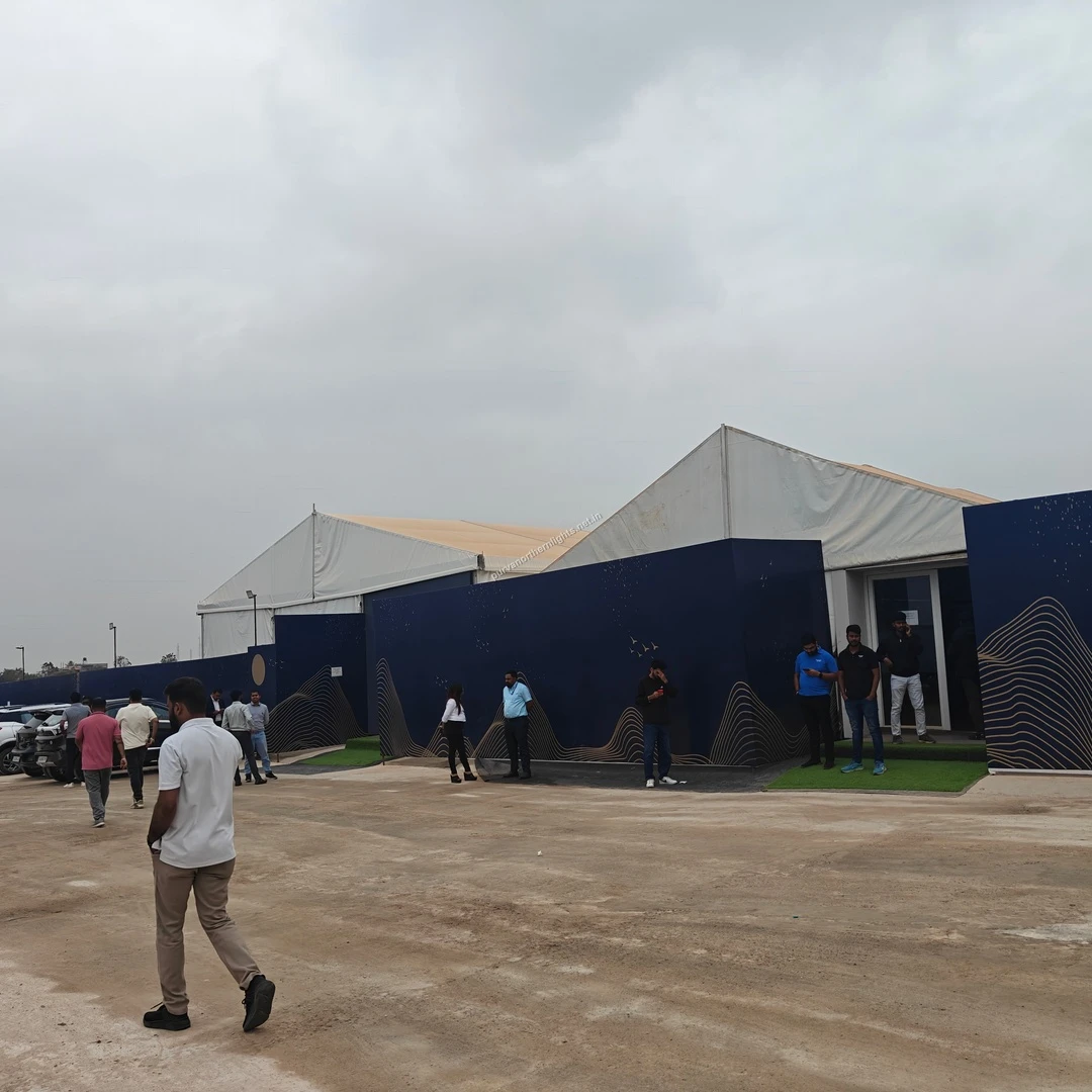 Temporary Office Exterior Exterior facade of the temporary project sales office at Purva Northern Lights featuring blue decorative panels